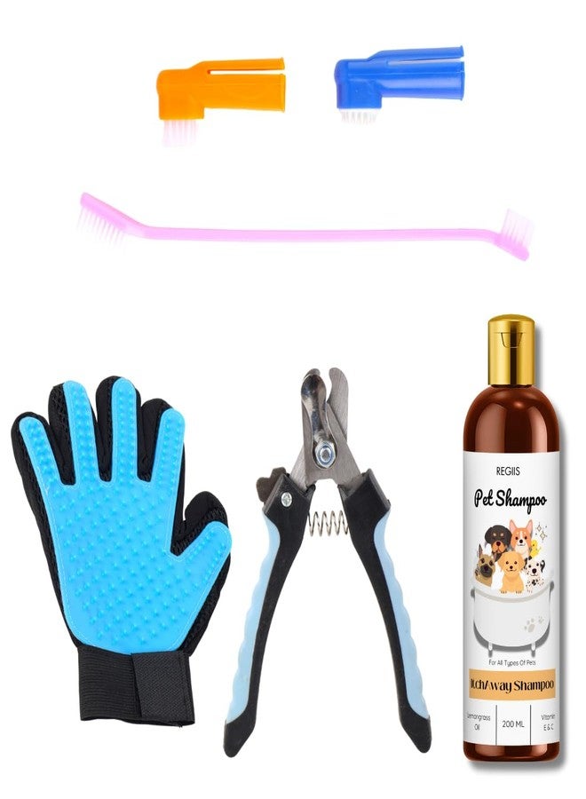 مجموعة أدوات العناية بالحيوانات الأليفة من ريجيس، مقص أظافر، فرش، شامبو للحيوانات الأليفة 200 مل، أزرق وأسود (عبوة من 4 قطع) - Image 1